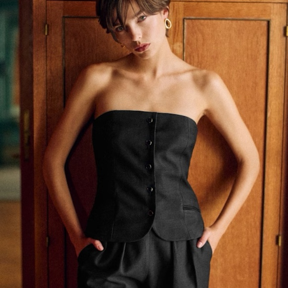 Sezane Black Strapless Button-Front Bustier Top